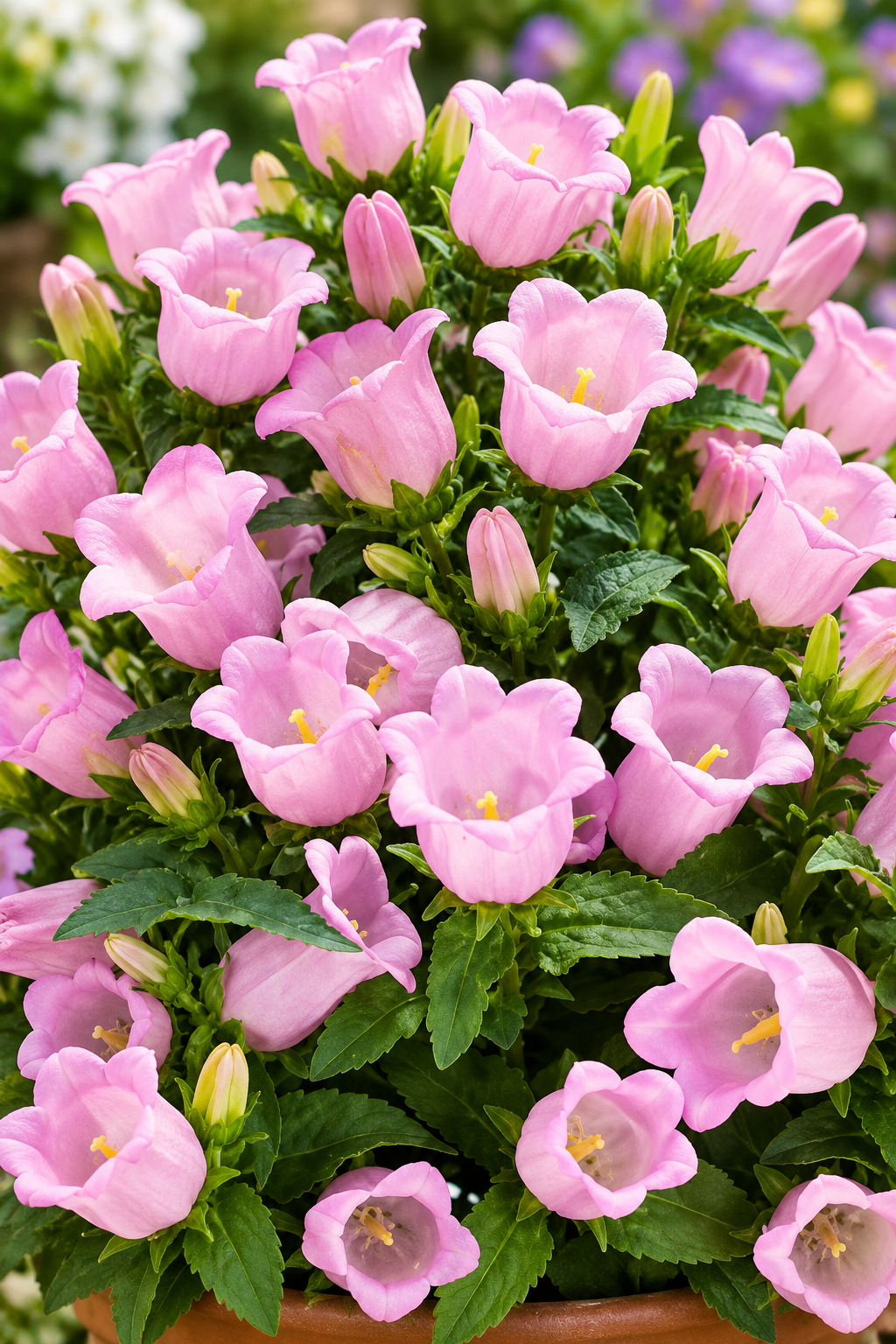 Campanula Appeal Pink bellflowers blooming in a terracotta pot