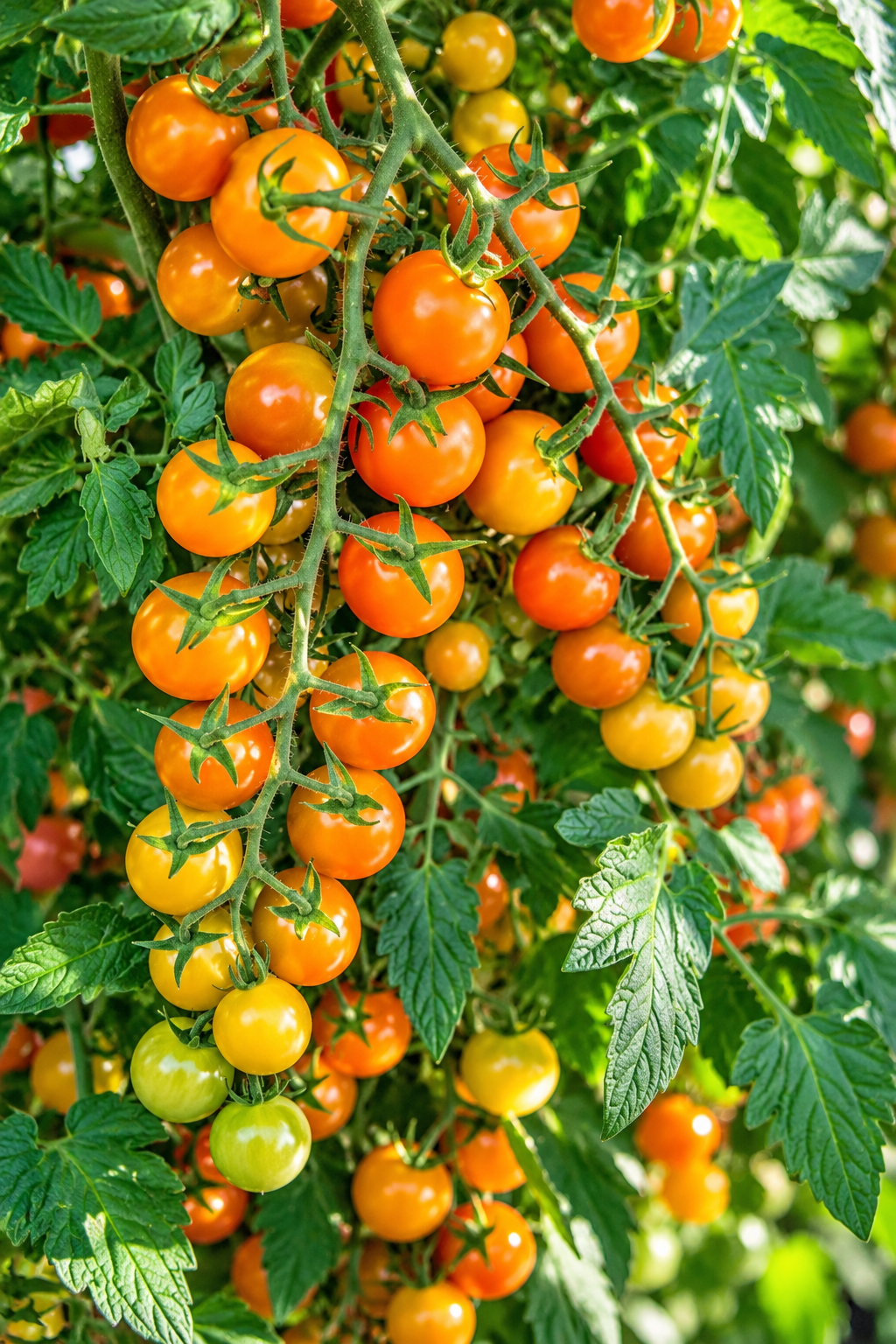 growing on the vine: Long clusters of Honeycomb F1 cherry tomatoes ripening from green to golden orange among leafy vines