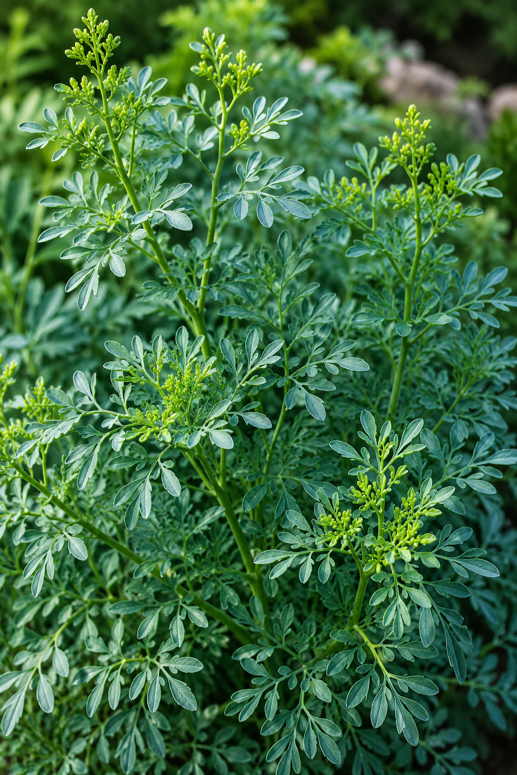 Close-up of a leafy green herb plant with finely divided foliage and small yellow-green flower buds growing in a garden setting.