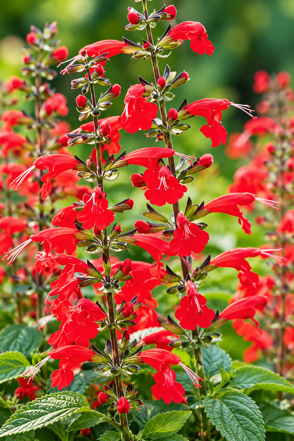 flower close-up: “Close-up of Summer Jewel Red salvia with scarlet tubular flowers and unopened buds along upright stems