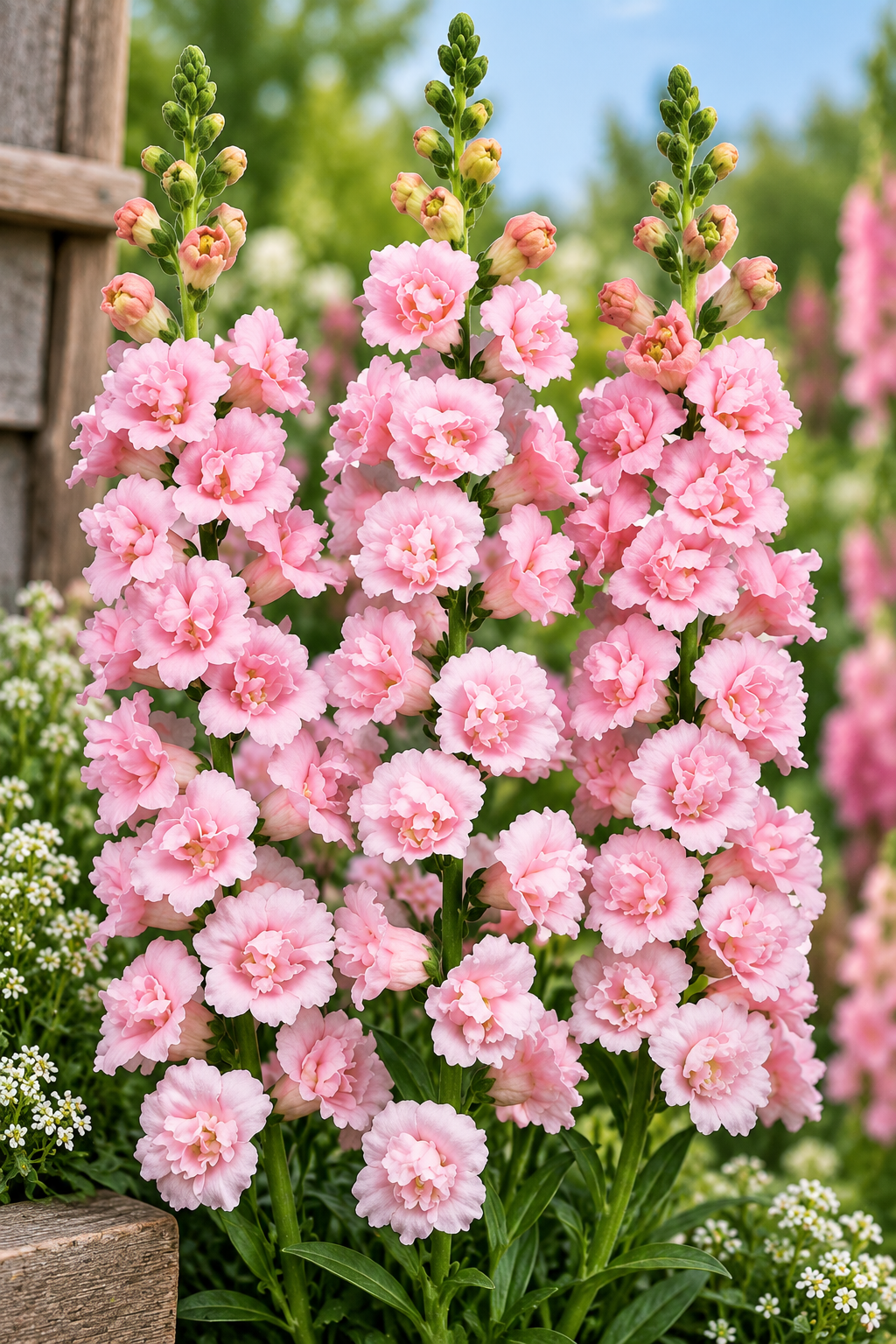 SnapStar Pink Group 2 double snapdragon flowers in pink growing in a cutting garden