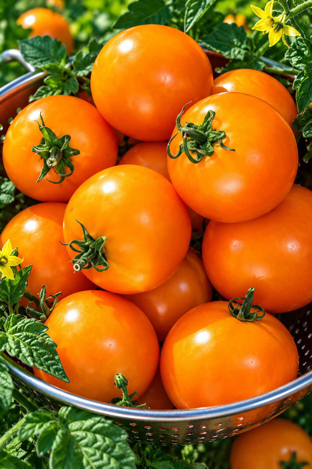 harvest photo: Ripe orange Solar Power F1 tomatoes piled in a metal colander, surrounded by green tomato leaves and yellow blossoms