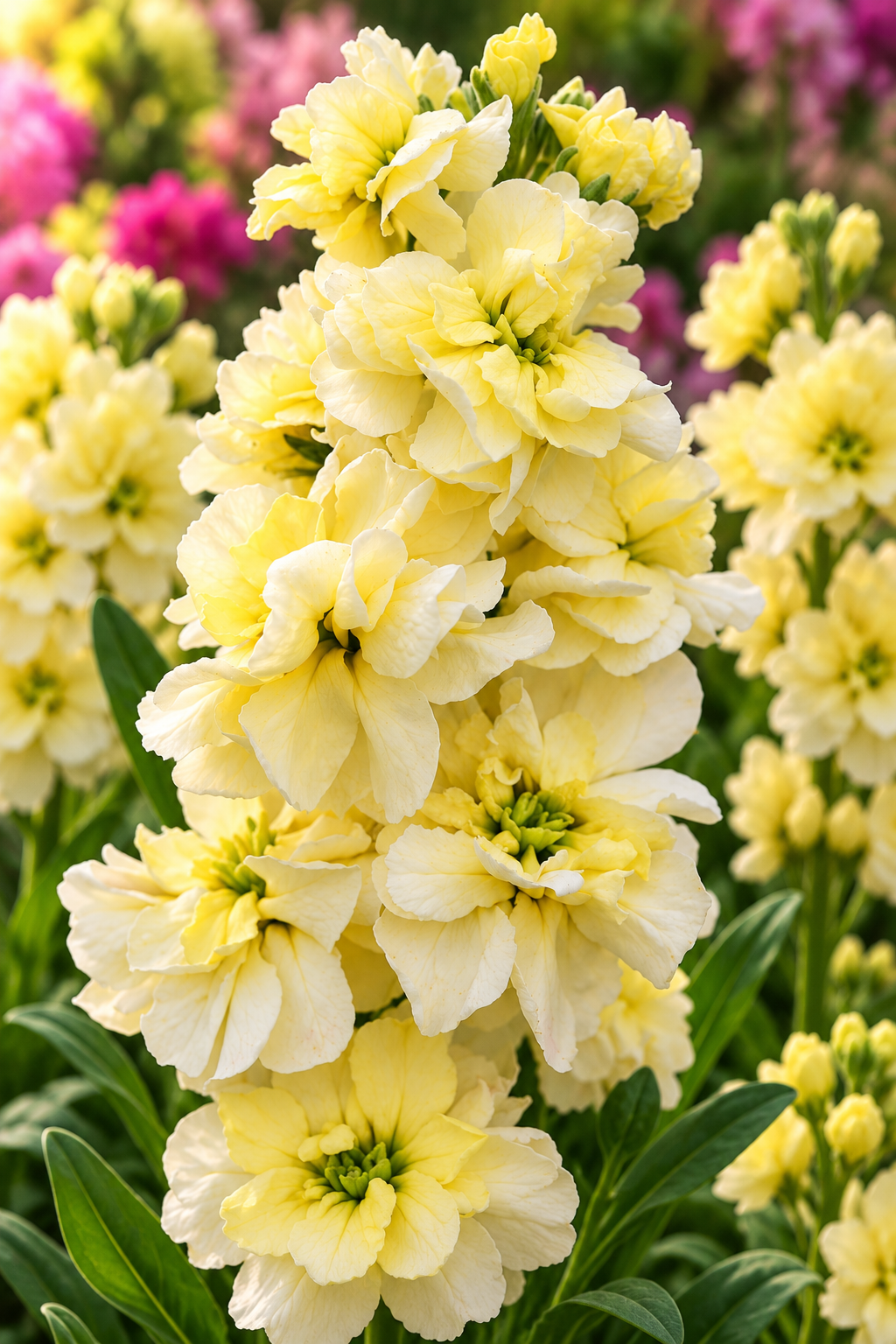Column Miracle Yellow stock with ruffled pale yellow flowers