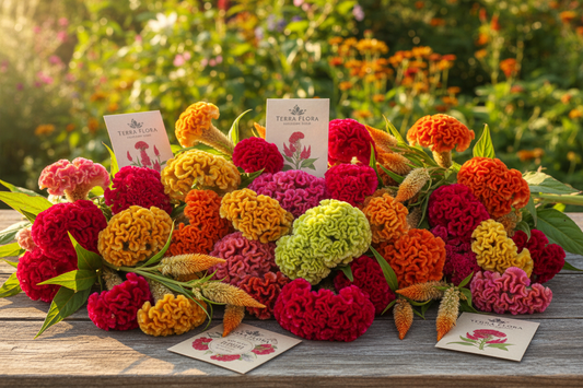 Ten stunning celosia varieties in full bloom including red plumes, orange cockscomb, yellow feathery spikes, rose pink crests, and chartreuse green celosia grown from seed