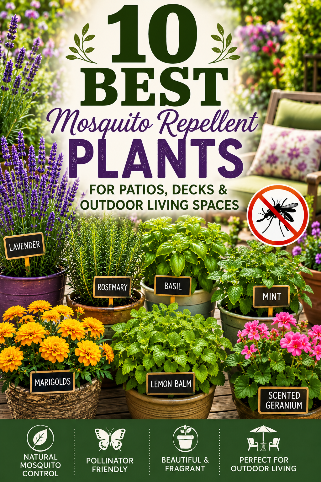Best mosquito repellent plants including lavender, rosemary, basil, marigolds, lemon balm, mint, and scented geraniums for patios and decks
