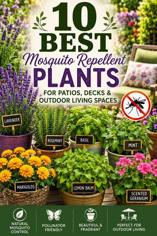 Best mosquito repellent plants including lavender, rosemary, basil, marigolds, lemon balm, mint, and scented geraniums for patios and decks