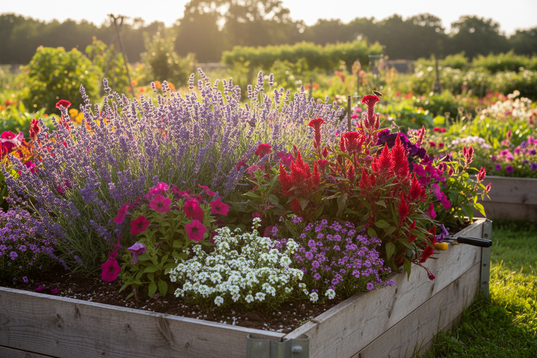 Colorful flower garden in full bloom with lavender, petunias, alyssum, and celosia growing from seed in a raised garden bed