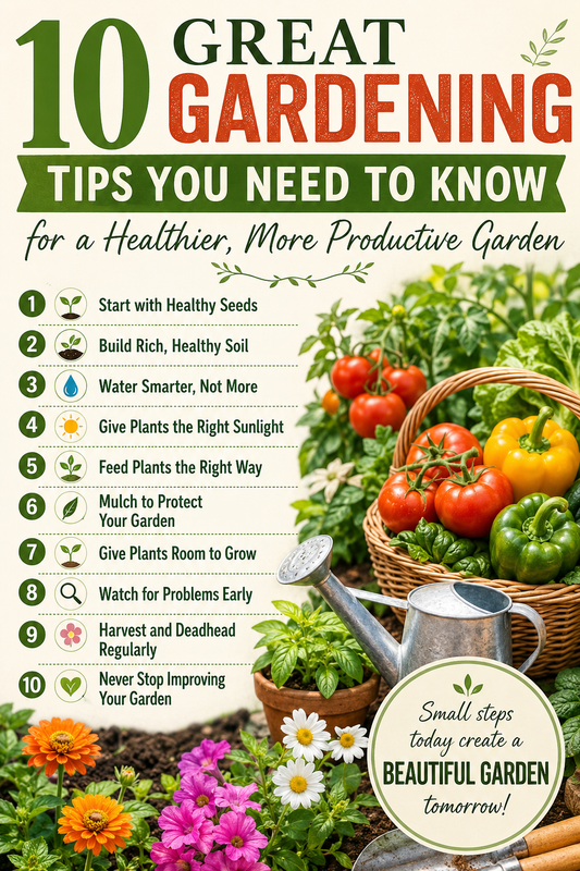 Pinterest graphic featuring 10 great gardening tips to help grow healthier flowers, vegetables, and plants with advice on healthy soil, watering, sunlight, fertilizing, mulching, harvesting, and garden care.