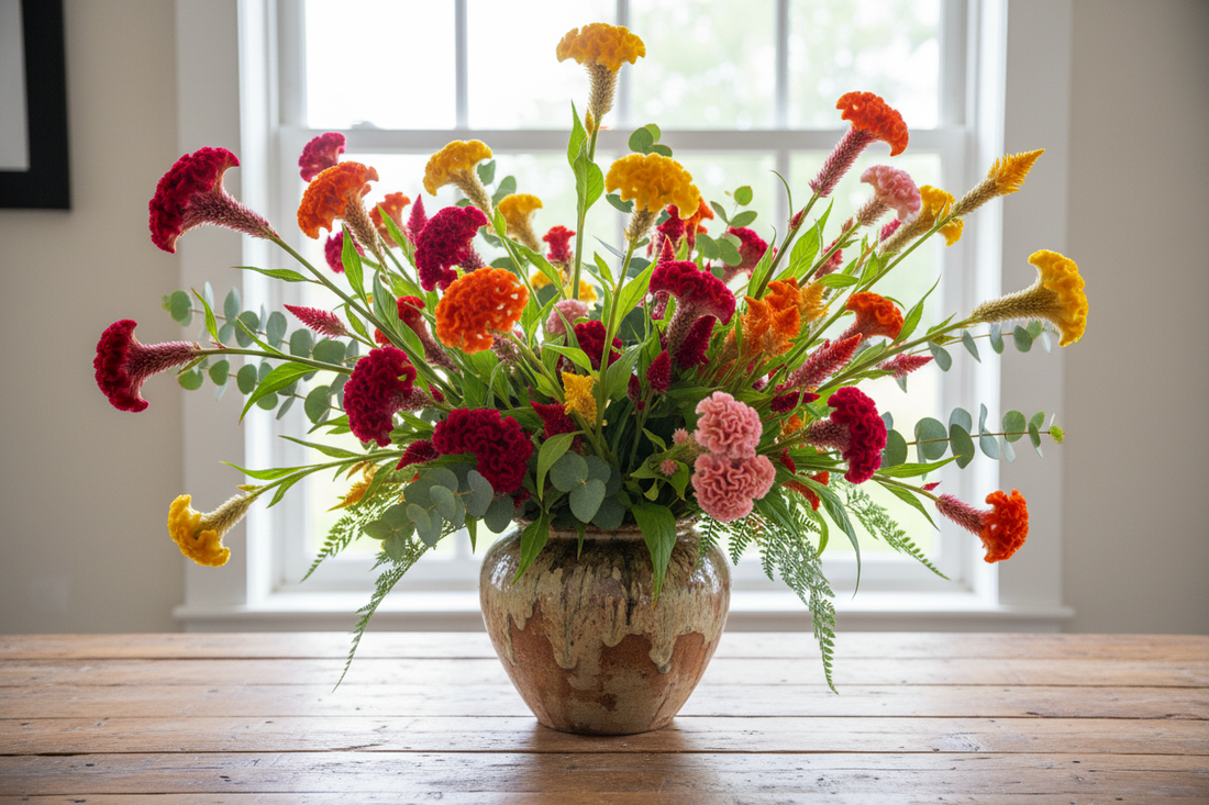 Long stem celosia cut flowers including scarlet, terracotta, rose pink, golden yellow and orange cockscomb varieties arranged in a vase for bouquets and farmers markets