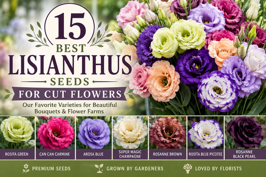 Colorful collection of premium lisianthus flowers including Rosita Green, Arosa Blue, Rosanne Brown, and Rosanne Black Pearl grown for cut flower bouquets and flower farms.
