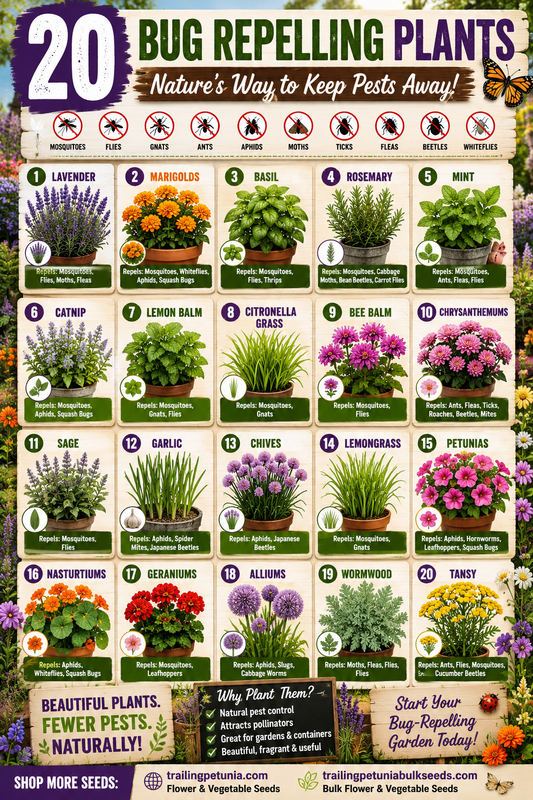 Colorful infographic featuring 20 bug-repelling plants that naturally help discourage mosquitoes, flies, gnats, ants, moths, aphids, beetles, fleas, ticks, and other common garden pests.