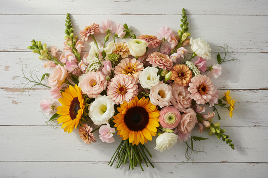 Mixed cut flower bouquet featuring lisianthus, zinnias, ranunculus, snapdragons, and sweet peas in peach and blush tones — longest-lasting flowers for arrangements