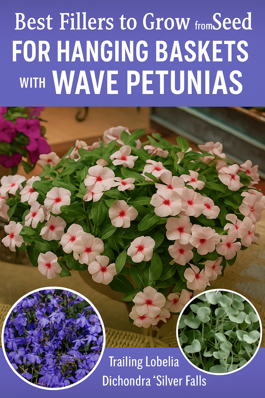 Eye-catching hanging basket filled with Wave Petunias, Trailing Lobelia, and Dichondra Silver Falls used as fillers for lush, colorful baskets.