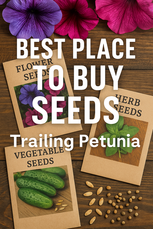 Best place to buy seeds online – Trailing Petunia flower, vegetable, and herb seed packets arranged with vibrant blooms and fresh produce.