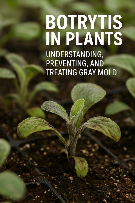 Seedling plant with gray mold (Botrytis) on leaves, showing fuzzy fungal growth and damage caused by high humidity and cool, wet conditions.