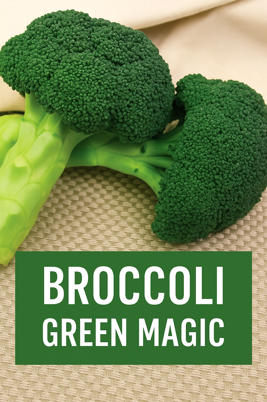 Broccoli Green Magic F1 hybrid producing large, uniform dome-shaped heads in the garden