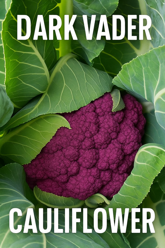 Dark Vader Cauliflower with deep purple heads growing in the garden