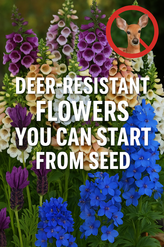 Deer-resistant flowers from seed including Lavender, Foxglove, and Delphinium – vibrant blooms safe from deer damage