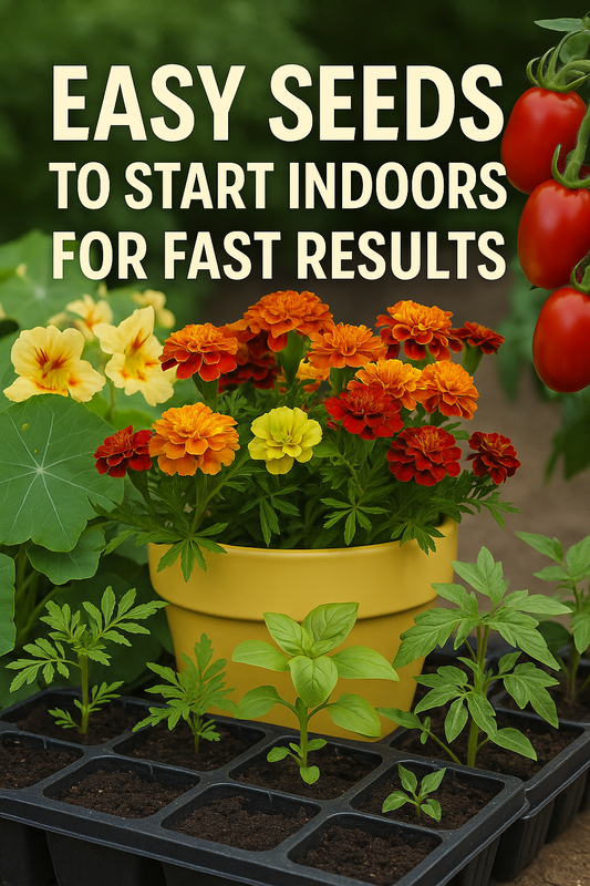 Easy seeds to start indoors including marigolds, basil, zinnias, cosmos, strawberries, and tomatoes in seedling trays