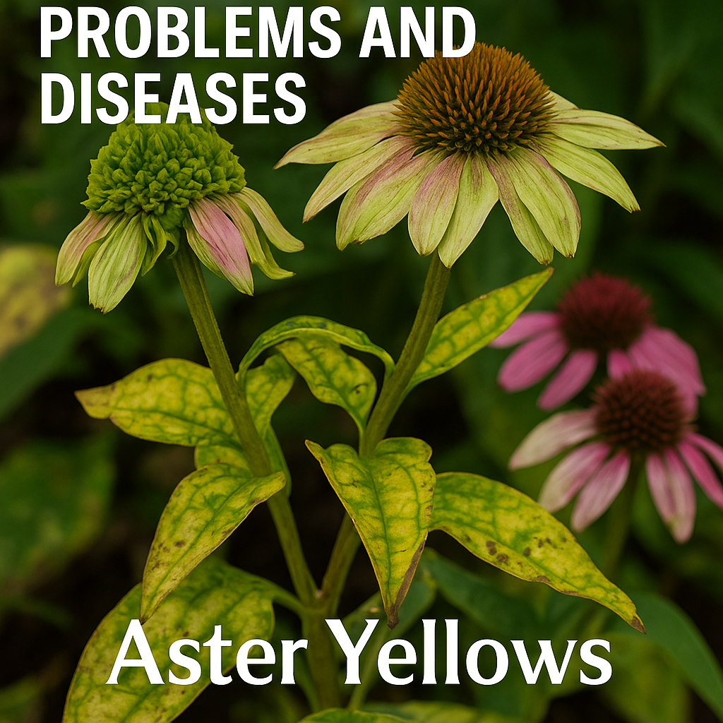 Echinacea plant showing symptoms of Aster Yellows disease with deformed flowers and yellow mottled leaves