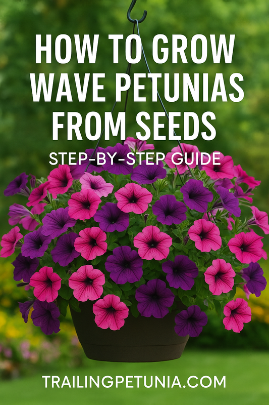 Wave Petunia flowers grown from seed in a hanging basket
