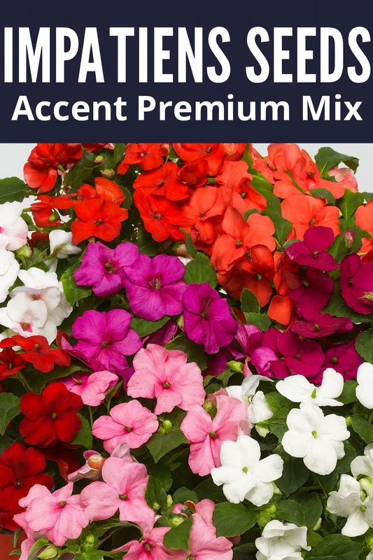“Impatiens Accent Premium Mix flowers with vibrant shades of red, pink, white, and coral thriving in garden beds and containers”