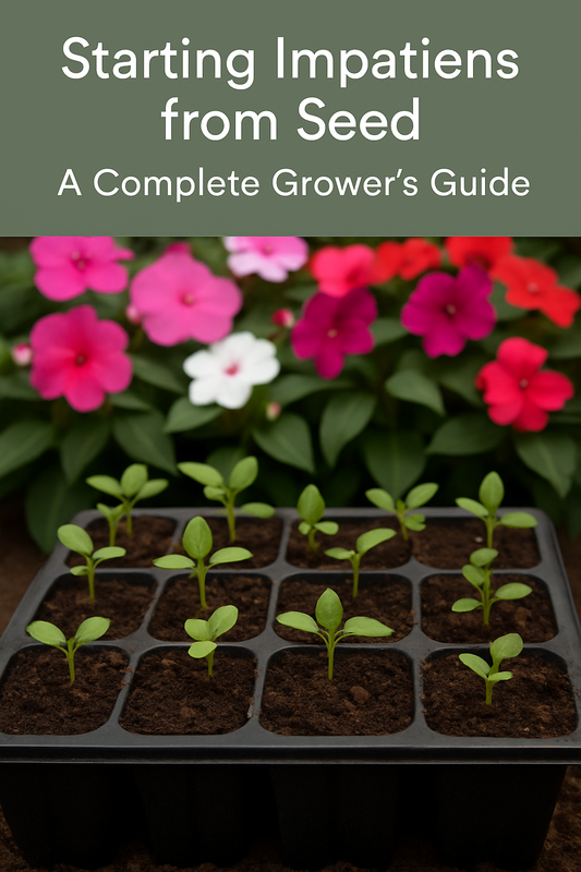Impatiens seedlings at different growth stages in a plug tray with blooming Impatiens flowers in the background – starting Impatiens from seed guide