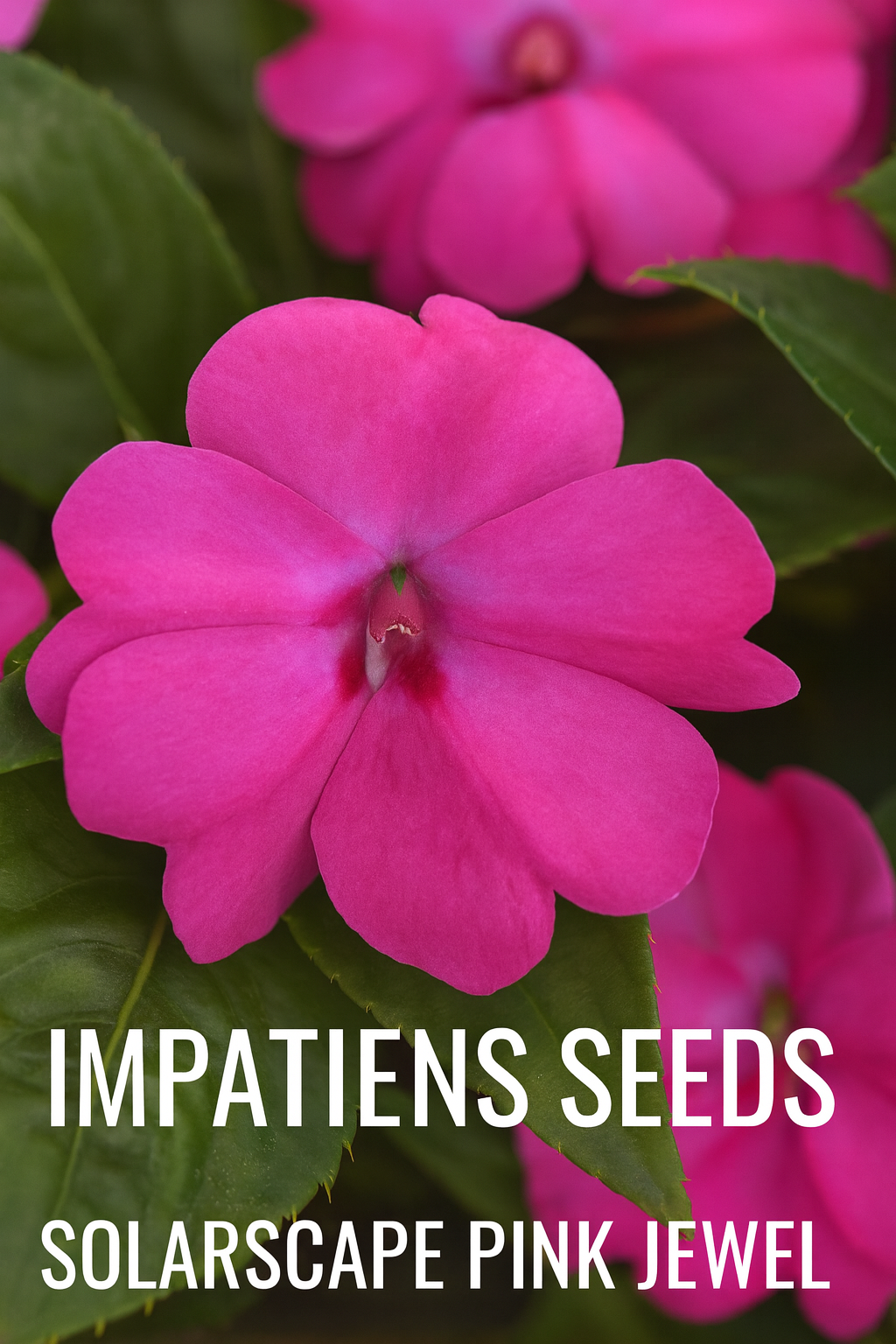 "Close-up of bright pink Solarscape Pink Jewel Impatiens flowers with lush green foliage, grown from high-quality Impatiens seeds available at Trailing Petunia