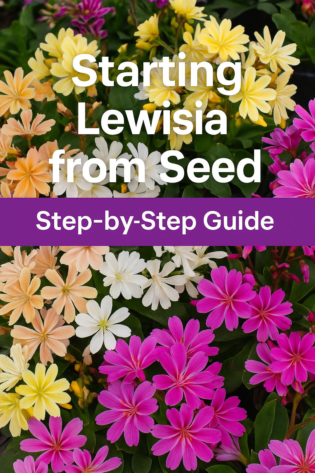 “Colorful Lewisia Elise Mix flowers with text overlay Starting Lewisia from Seed Step-by-Step Guide”
