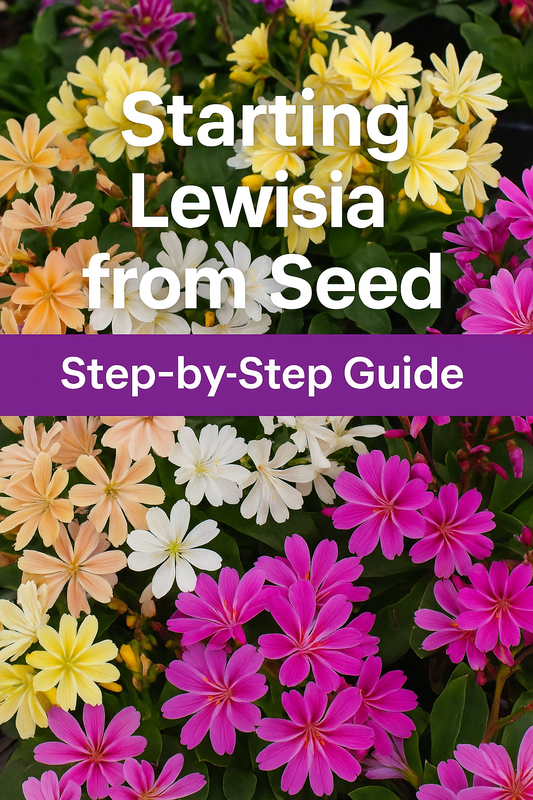 “Colorful Lewisia Elise Mix flowers with text overlay Starting Lewisia from Seed Step-by-Step Guide”