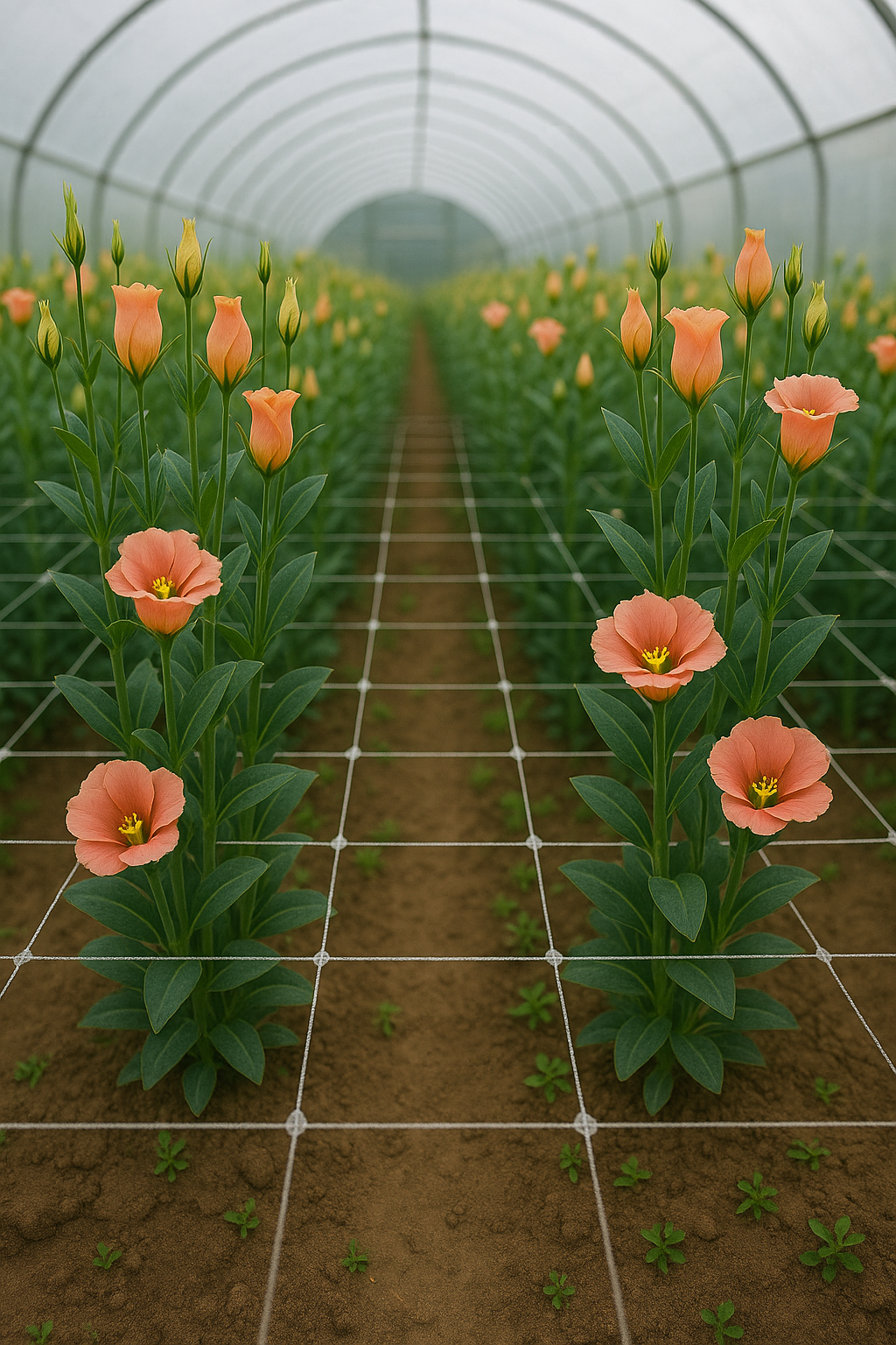 Lisianthus Cut Flowers Blooming in High Tunnel with Support Netting