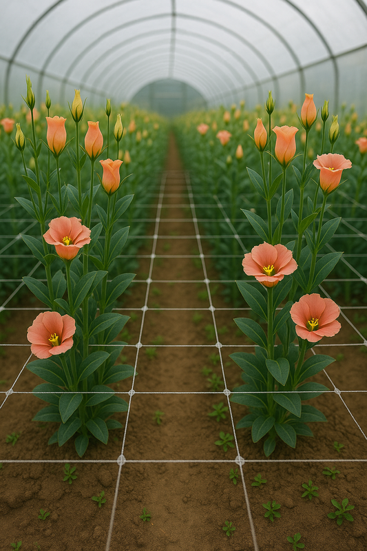 Lisianthus Cut Flowers Blooming in High Tunnel with Support Netting