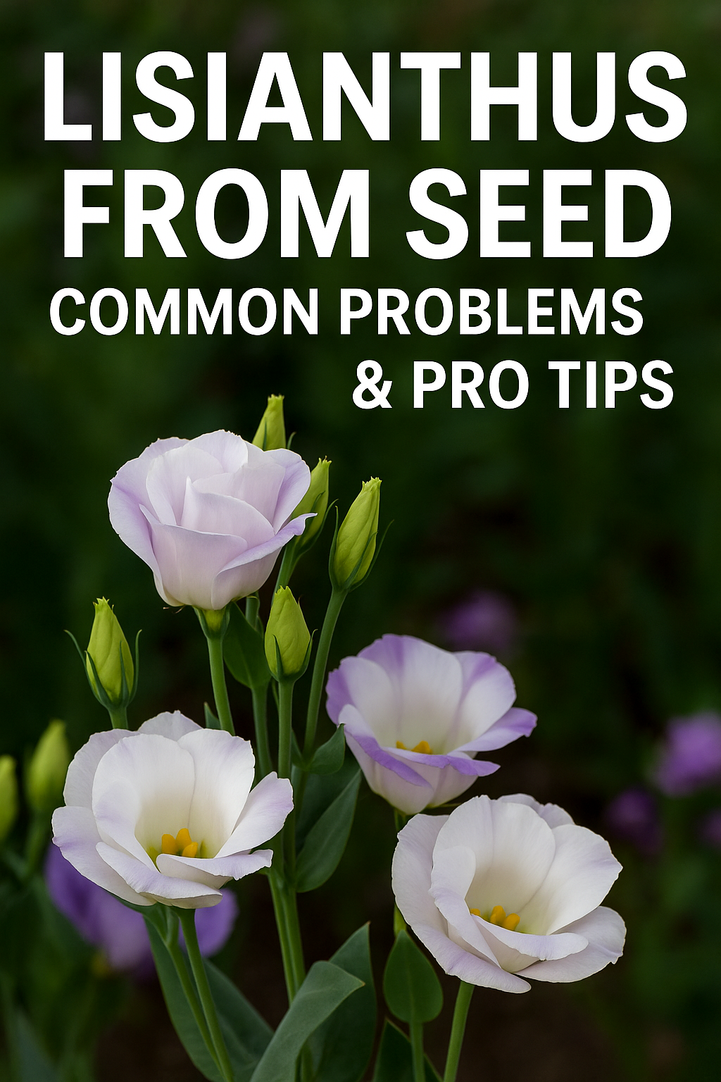 Lisianthus flowers blooming in a field with support netting, showing how to grow Lisianthus from seed successfully and prevent common problems.