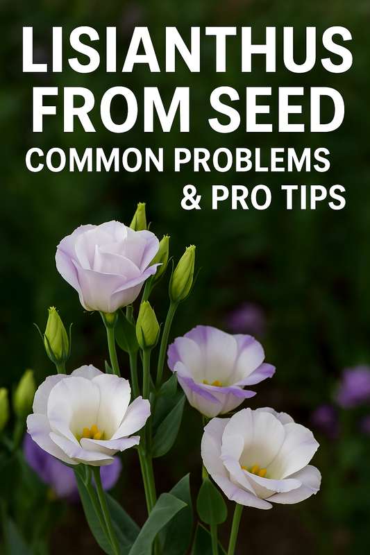 Lisianthus flowers blooming in a field with support netting, showing how to grow Lisianthus from seed successfully and prevent common problems.