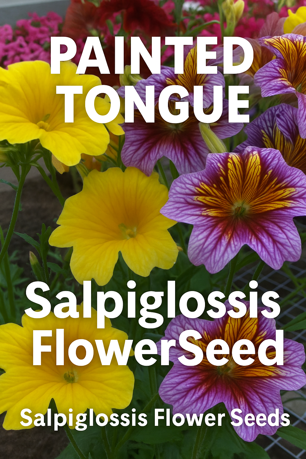Painted Tongue (Salpiglossis) flower seeds with exotic veined blooms in purple, yellow, and red, perfect for garden beds, borders, and containers