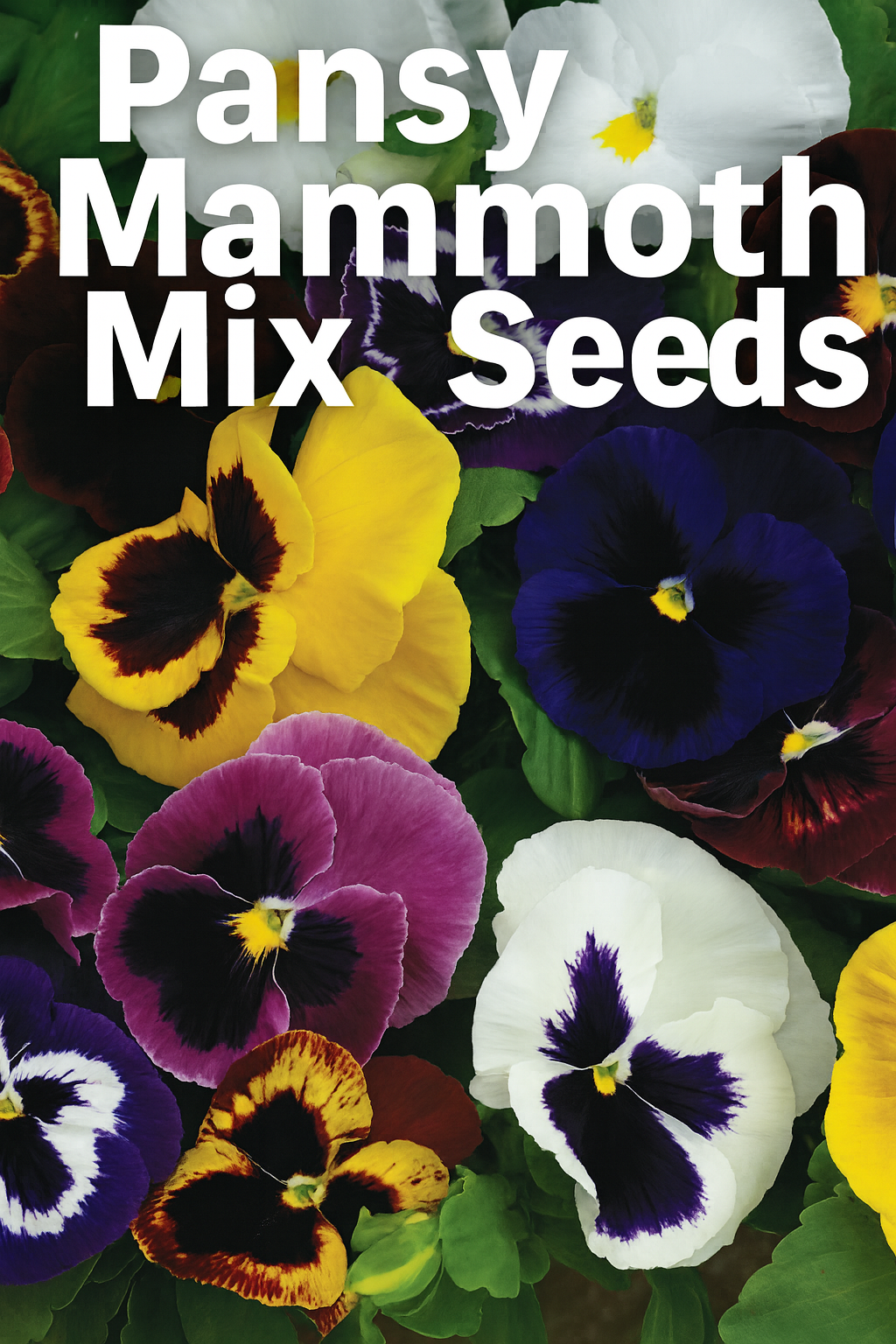 Close-up of Pansy Mammoth Mix flowers in vibrant colors, large garden blooms.