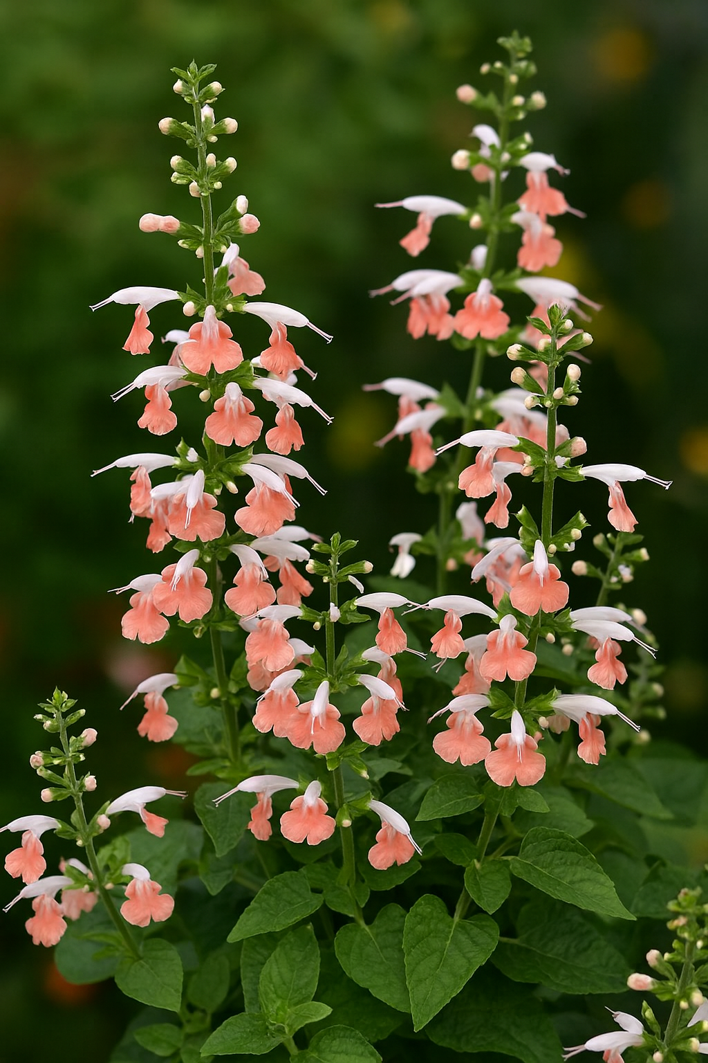 "Texas Sage Coral Nymph Salvia coral-pink flowers attracting hummingbirds"