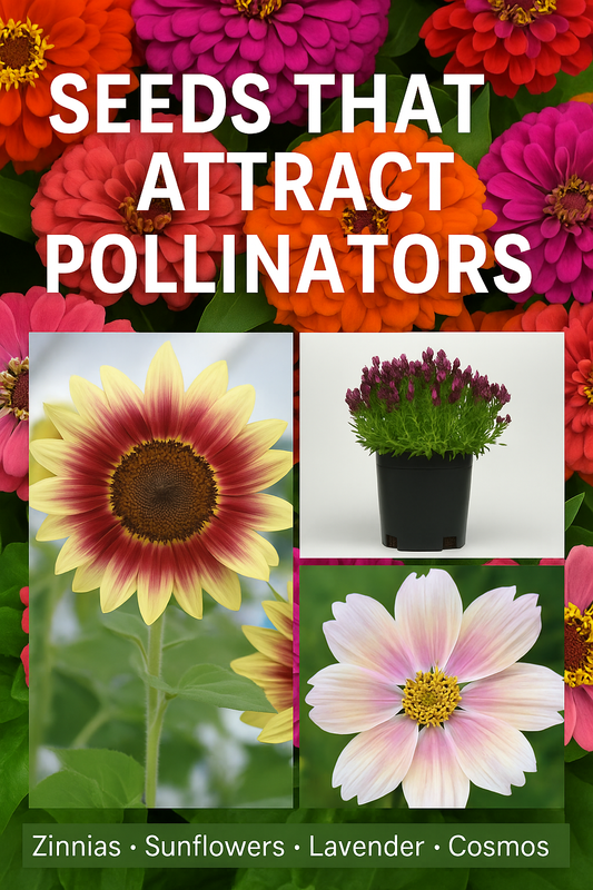 Seeds that attract pollinators – zinnias, sunflowers, lavender, and cosmos blooming from seed to draw bees and butterflies