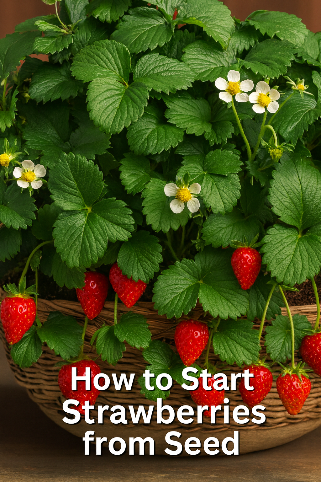 Strawberry plants growing from seed in a decorative pot with ripe red berries and white blooms – perfect for home gardens and container growing