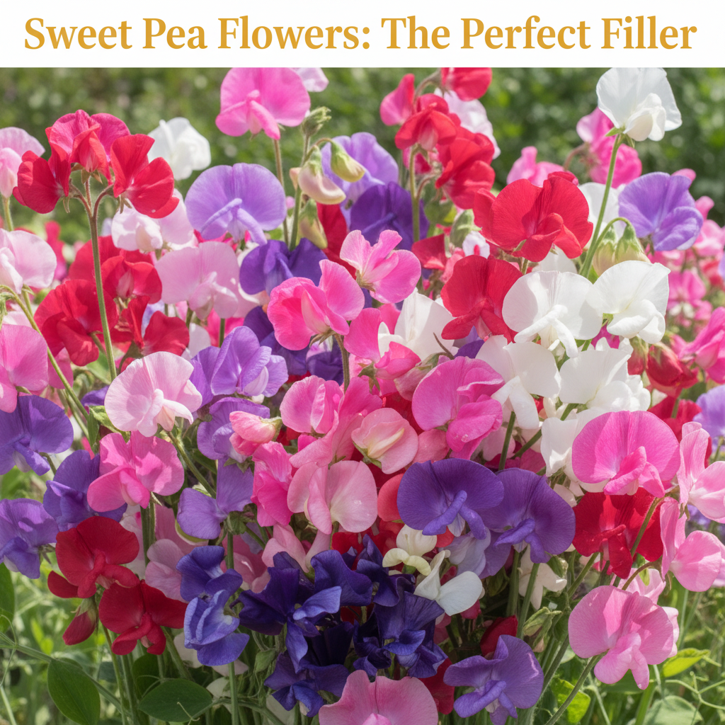 Sweet pea flowers in a bouquet, showcasing their vibrant colors and delicate petals—perfect for cut flower arrangements. Bulk and regular sweet pea seed packs available at Trailing Petunia.