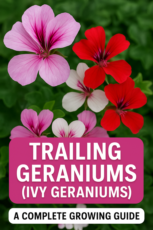 Trailing geraniums also known as ivy geraniums in full bloom, ideal for hanging baskets and garden displays