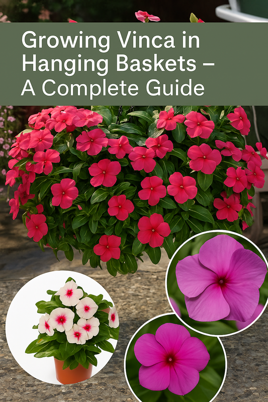 Vinca Cora Cascade hanging basket overflowing with bright blooms, with close-up insets of starter plants and flowers – complete growing guide.