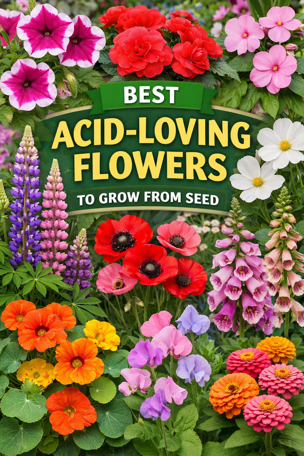 Acid-loving flowers grown from seed including petunia begonia impatiens poppy zinnia cosmos sweet pea lupine nasturtium foxglove