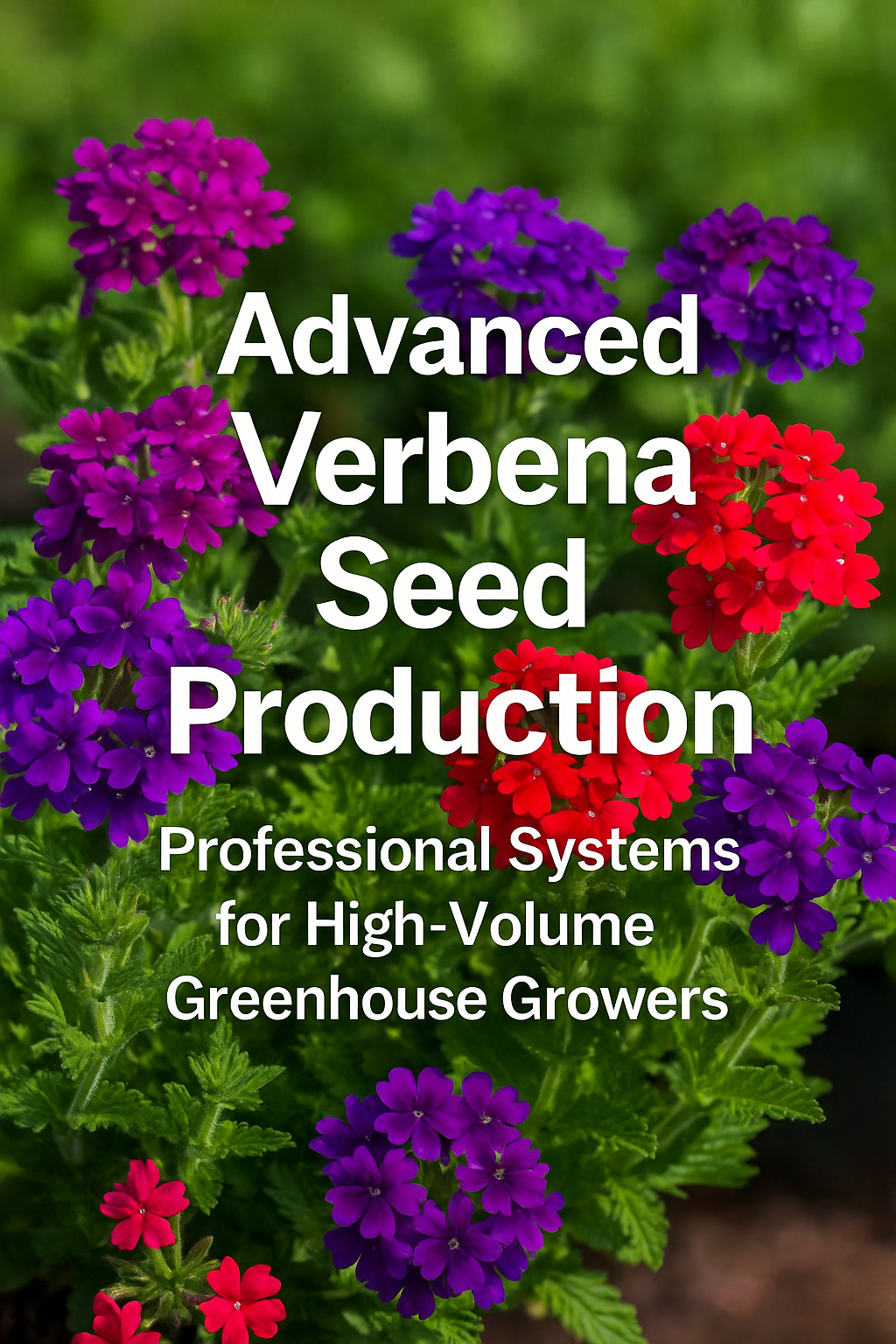 Upright Verbena flowers in vivid red, purple, and magenta tones under sunlight with text “Advanced Verbena Seed Production | Professional Systems for High-Volume Greenhouse Growers