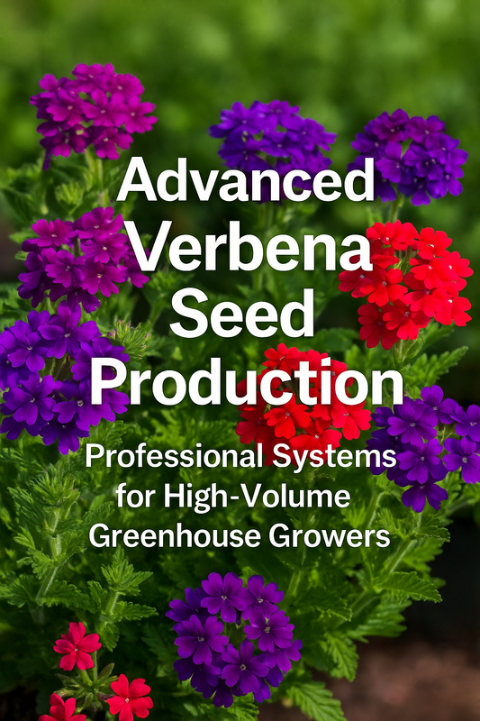 Upright Verbena flowers in vivid red, purple, and magenta tones under sunlight with text “Advanced Verbena Seed Production | Professional Systems for High-Volume Greenhouse Growers