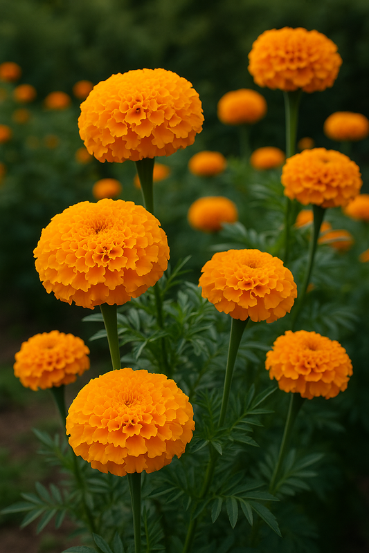 African Marigold Coco blooms on tall stems showcasing bright, fully double golden flowers ideal for cut flower gardens.