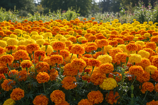 African marigold seeds in gold, orange, and yellow blooming in a full garden bed
