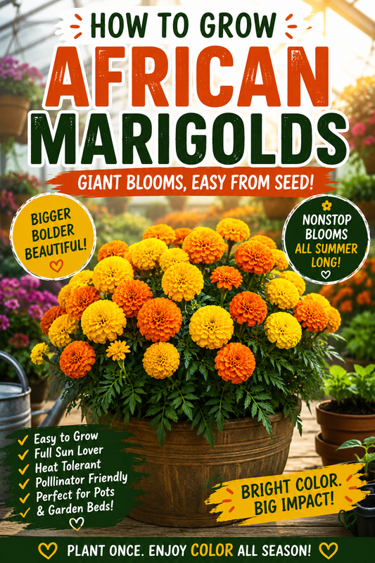 african marigold seeds growing guide with giant yellow and orange blooms in greenhouse container garden