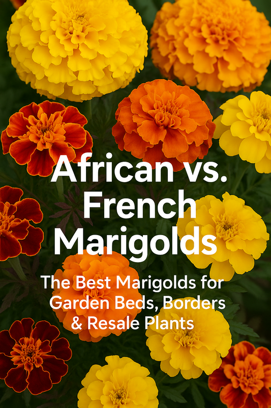 African vs French marigold flowers comparison showing bloom color and size differences.