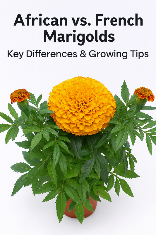 Vibrant orange African Marigold in a pot — learn the key differences between African and French Marigolds and how to grow both successfully from seed